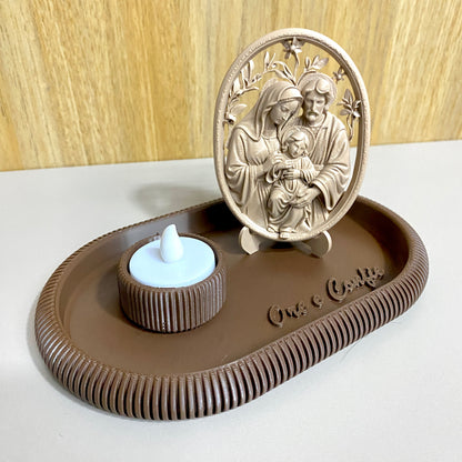 Kit Sagrada Família com Bandeja Ore e Confie | Decoração Religiosa 3D