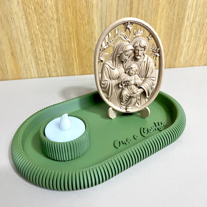 Kit Sagrada Família com Bandeja Ore e Confie | Decoração Religiosa 3D