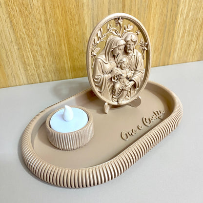 Kit Sagrada Família com Bandeja Ore e Confie | Decoração Religiosa 3D
