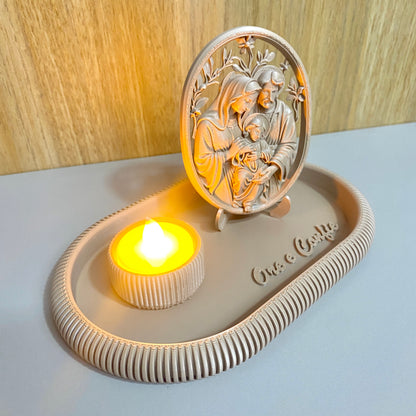 Kit Sagrada Família com Bandeja Ore e Confie | Decoração Religiosa 3D